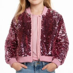 H&M Pink Sequin Bomber Jacket Girls Size 6-7